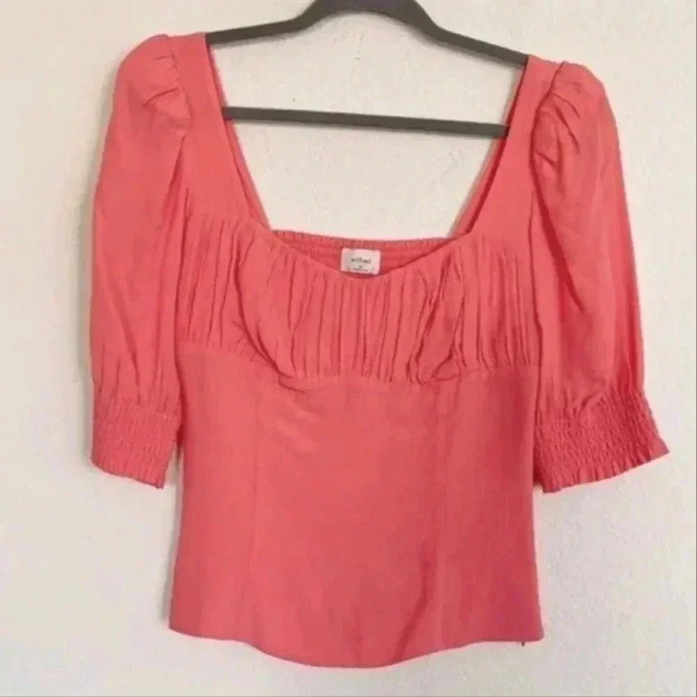Aritzia Wilfred Pandora Blouse Coral size M Empire Smocked Back Peasants Sleeve